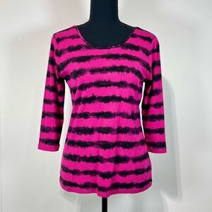 Relativity Pink and Black Striped 3/4 Sleeve Cotton Top Sz Medium
